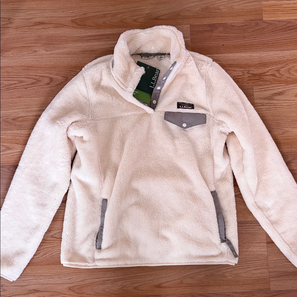 L.L. Bean Women's Snap-T Whiteish Yellow Fuzzy Fleece Pullover Size Small Petite